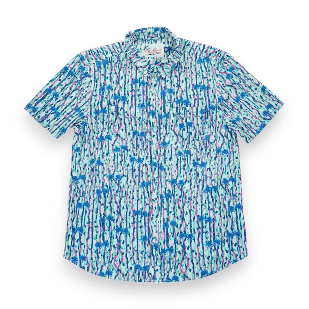 Chubbies Men's Button Down Shirt Large Palm Tree Striped Colorful Short Sleeve